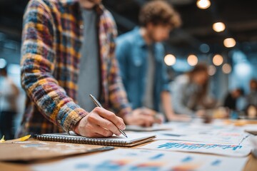 Team account manager project.Photo young business managers working with new startup in modern loft.Analyze reports,plans. Generic design notebook on wood table, papers, documents. Horizontal, blurred