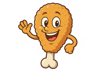 Smiling fried chicken leg character waving happily, cartoon style graphic with transparent background, playful food mascot design