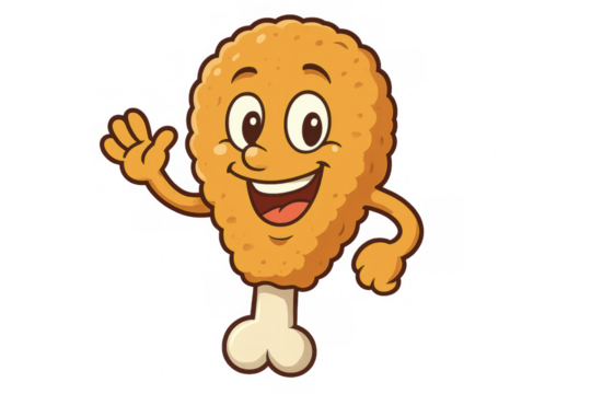 Smiling fried chicken leg character waving happily, cartoon style graphic with transparent background, playful food mascot design - Powered by Adobe
