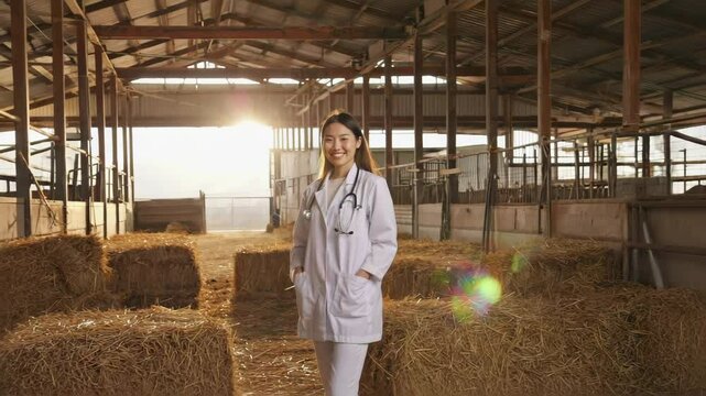 Smile Asian female veterinary standing with arms crossed at cows in farm
