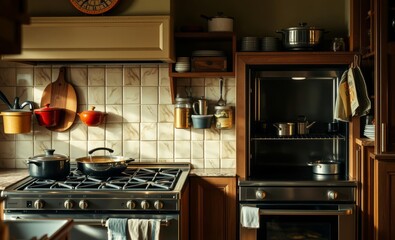 A domestic haven a culinary heart of the home where the stove and oven gleaming appliances of stainless steel and polished wood stand ready to transform humble ingredients into delectable dishes the s