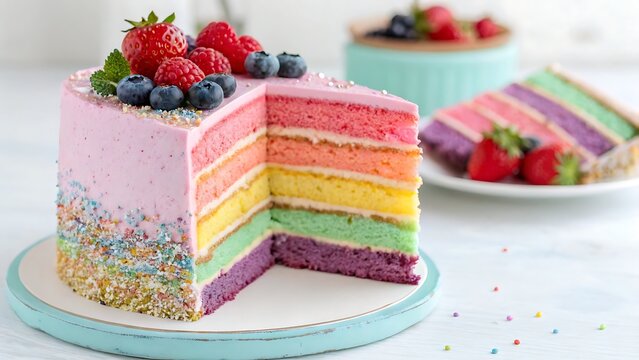 A colorful layered cake with berries on top and a slice cut out