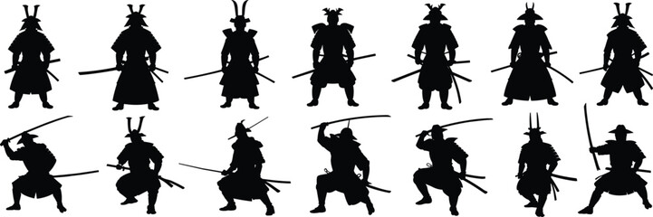  Traditional Japanese Samurai Warrior Silhouettes in Dynamic Poses, Featuring Katana Swords for Martial Arts and History Designs
