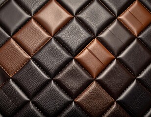 Naklejka premium Close-up view of a leather patchwork. Dark and light brown leather squares, diamond-shaped, stitched together. High-quality, detailed texture