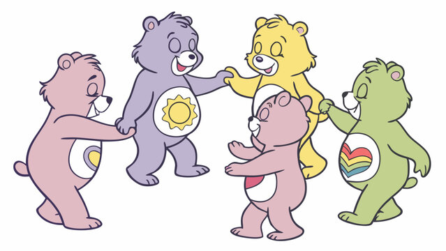 Vector care bears group illustration, cute cartoon animals, colorful bears holding hands, care bears artwork