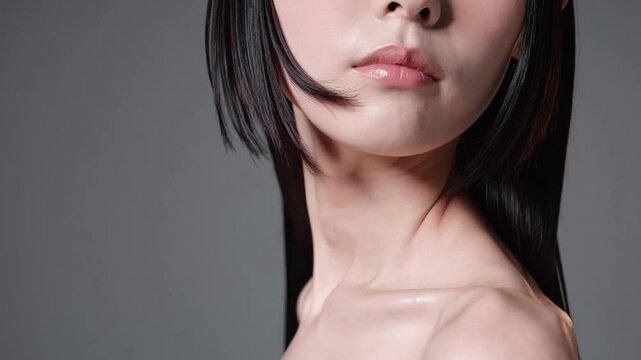 Japanese model blinking softly with wind-blown bangs in clamshell-lit studio