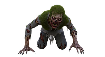Fototapeta premium Grisly Zombie Creature Crawling Forward on Its Hands and Knees with Decaying Flesh Against Transparent Background