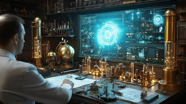 Scientist studying futuristic interface in steampunk lab