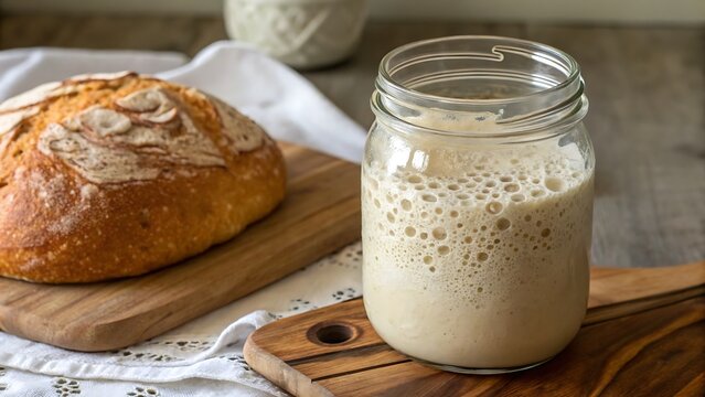 Sourdough bread and starter in a jar on a wooden cutting board