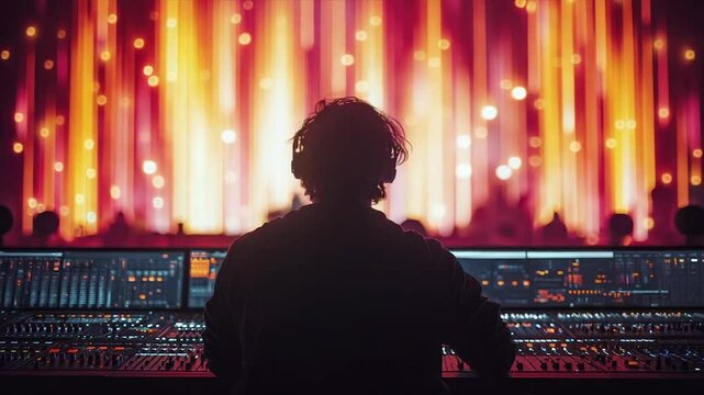 Sound engineer at console facing vibrant stage lights