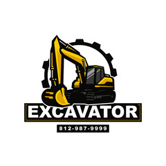 Excavator with Gear Logo Design  for Construction Company and Heavy Equipment