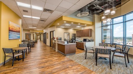 Modern medical waiting area with wood floors, mustard-yellow walls, and comfortable seating around small tables near a reception desk and kitchenette.  Large windows offer a city view