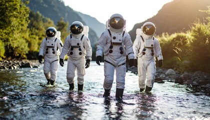 Astronauts walking mountain stream.
