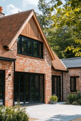 A contemporary brick house featuring expansive windows and a gracefully sloping roof, nestled amidst vibrant greenery on a bright, sunny day