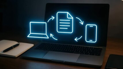 A laptop shows cyclical arrows linking a document icon to a computer and smartphone. Concept of cross-platform sync. - Powered by Adobe