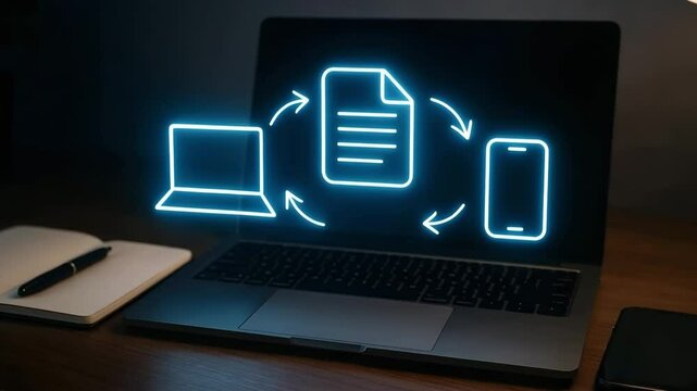 A laptop shows cyclical arrows linking a document icon to a computer and smartphone. Concept of cross-platform sync.