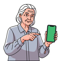 Elderly Woman Holding and Pointing at a Smartphone with Green Screen for Advertising
