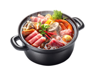 A pot of hot pot with meat, a container in the middle, and various ingredients inside the hot pot, isolated on a transparent background