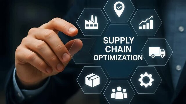 A business hand taps a hexagon labeled &ldquo;Supply Chain Optimization&rdquo; surrounded by factory, truck, box, chart, gear and team icons. Concept of performance enhancement.