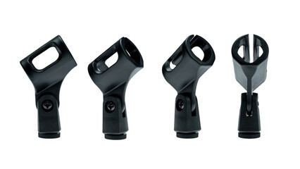 Collection set of black adjustable microphone mount for studio setting isolated over white background