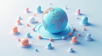 A digital globe connected by a network of nodes and lines symbolizes global communication and interconnected technology.