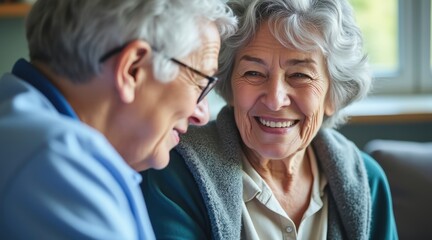 An elderly couple shares a warm, joyful moment indoors, smiling and engaged in a heartfelt conversation.
