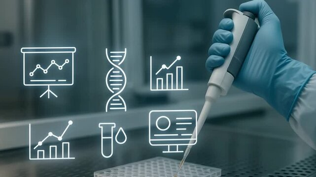 A gloved hand operates a pipette beside floating icons for chart, DNA, report, test tube and computer screen. Concept of integrated lab analytics.