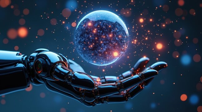 A futuristic robotic hand holds a glowing, star-filled orb, symbolizing advanced technology and artificial intelligence in a cosmic, digital space.