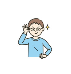 眼鏡を上げてニヤリと笑い自信を見せる男の子
