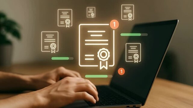 A laptop shows floating certificate icons with notification badges as a user&rsquo;s hands hover over the keyboard. Concept of document review.