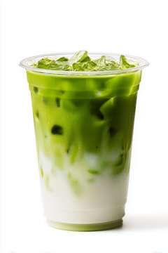 Iced matcha latte with milk in plastic cup on white background