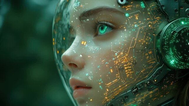 Futuristic female cyborg in a transparent helmet, glowing circuits overlaying her face