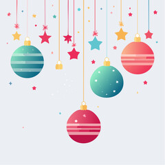 Modern minimalist vector of Christmas ornaments hanging on strings with soft gradients, stars, and snow in the background