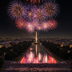 Fireworks celebration Washington Monument reflecting pool