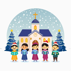 Fototapeta premium Flat vector of children singing Christmas carols in front of a church with a cross lit up on top, snow gently falling