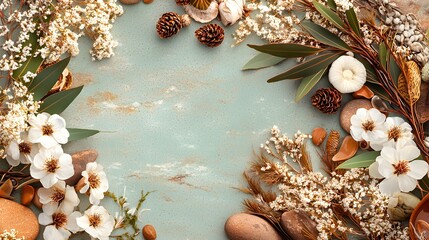 Fototapeta premium Festive Wreath with Flowers and Pine Cones on Blue Background