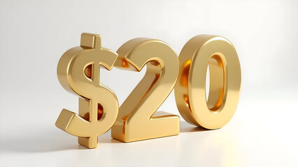 Golden twenty dollar currency symbol render against a plain background