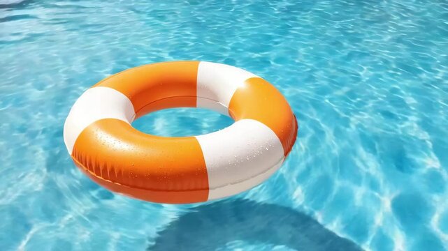 A vivid orange and white lifebuoy drifts on crystal blue pool water under bright sunlight. Concept of water safety and summer recreation.