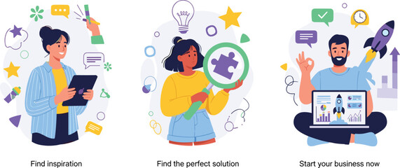 Fototapeta premium Illustration depicting the process of finding inspiration, identifying solutions, and launching a new business venture successfully.
