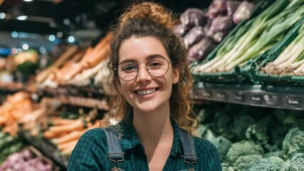 A smiling young woman with curly hair walks through a grocery store looking cheerful and relaxed. Concept of everyday happiness and consumer lifestyle. - Powered by Adobe
