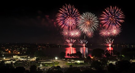 Fototapeta premium Fireworks display over a town at night