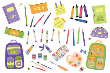 Back to school. Set of school supplies. School stationery: pencil cases, pencils, backpacks, markers, wax crayons, colored pencils and pencils. Vector illustration.