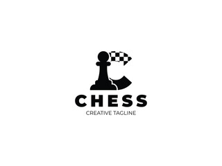 Letter C chess logo design with pawn and chess board