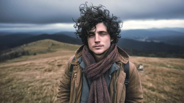 A young male traveler with long hair and layered clothes explores golden hills under cloudy skies. Concept of personal journey and natural freedom.