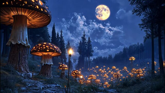 Enchanted mushrooms glowing under moonlight in mystical nighttime forest. 