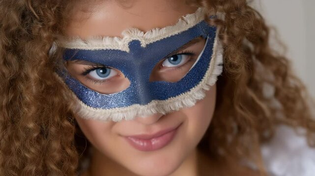 A curly-haired young woman smiles mischievously while wearing a handcrafted blue masquerade mask. Vertical video concept of carnival celebration and mysterious identity.