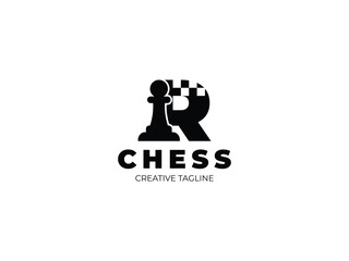Letter R chess logo design with pawn and chess board