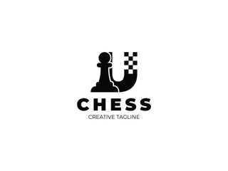 Letter U chess logo design with pawn and chess board