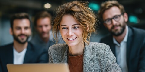 Business team meeting female laptop electronics. High quality
