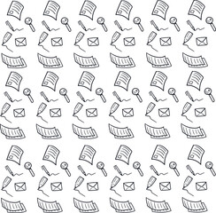 Business texture with repeating sheets of documents, pencils, pens, letters and magnifying glasses.